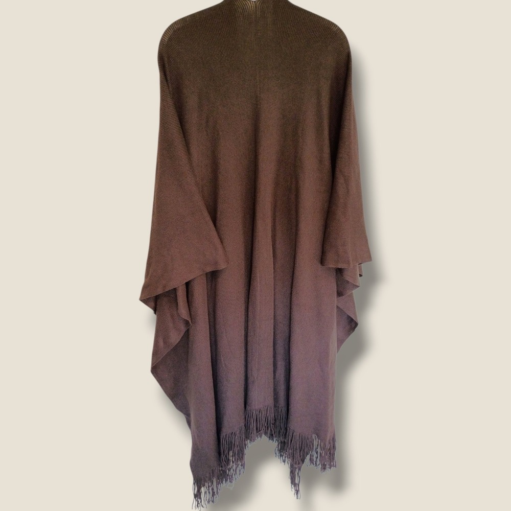 Woman Within Brown Open Front Fringe Hem Poncho Cape Pockets Oversized Cabincore - Picture 3 of 12